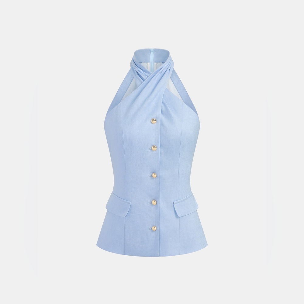 Commense Halter Buttoned Vest & Shorts Set - Picture 2 of 6